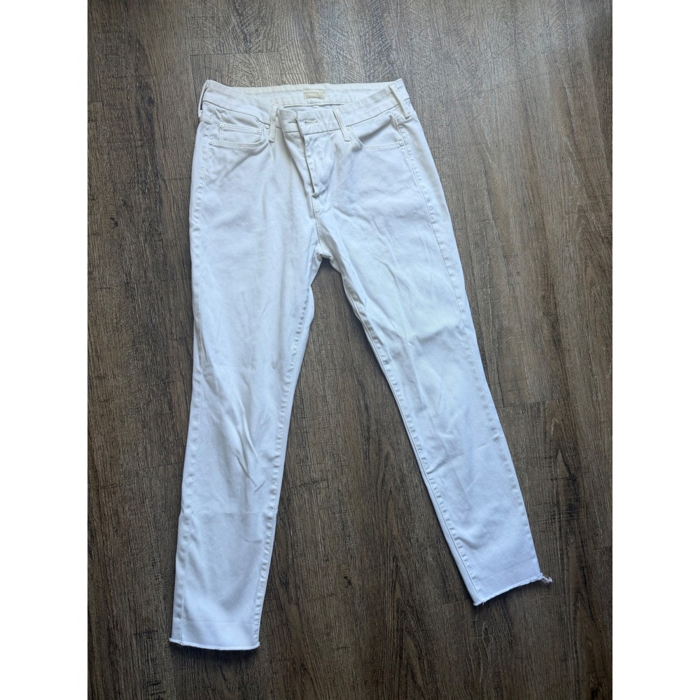 Mother Looker Ankle Fray Jeans 29 White Glass Slipper Skinny Raw Hem Made in USA